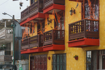 Colorful balconies on a building townの写真素材