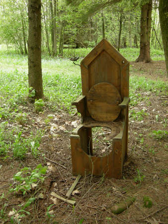 An old forest outhouse stands alongの写真素材