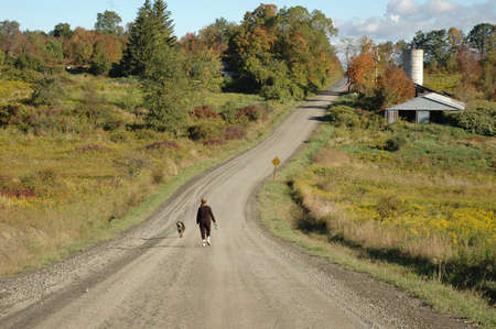 A woman and her dog exercise in the morningの写真素材