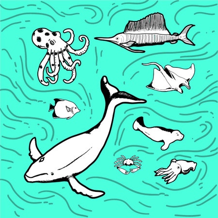 hand drawn illustration of animal in ocean.の写真素材