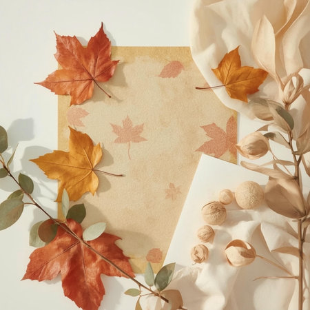 Autumn composition. Frame made of autumn leaves on white background. Flat lay, top view, copy spaceの素材