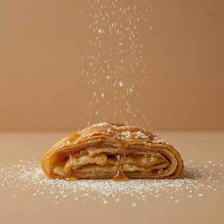 apple strudel with sugar on a beige background, selective focusの素材
