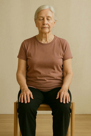 Elderly woman sitting on a chair with her eyes closed.の素材