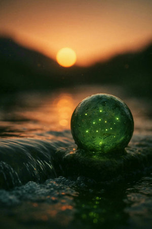 Green glass ball on a stone in the water with a sunset in the backgroundの素材