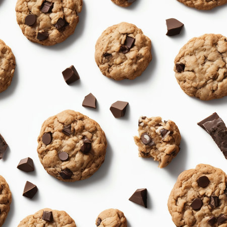 Chocolate chip cookies with pieces of chocolate on white background, top viewの素材