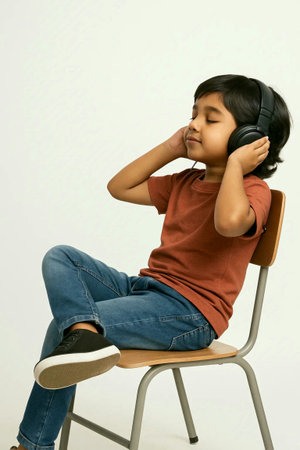 Little boy listening to music with headphones sitting on a chair on white backgroundの素材