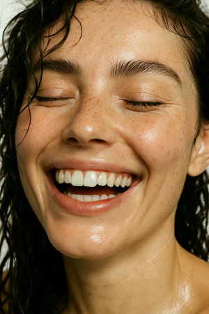 Portrait of a beautiful young woman with wet hair and frecklesの素材