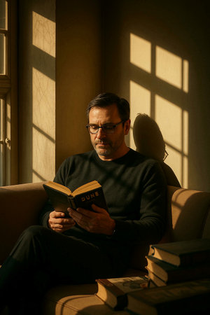 Mature man reading a book while sitting on a sofa at homeの素材