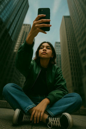 young beautiful hipster woman taking selfie with mobile phone in the cityの素材