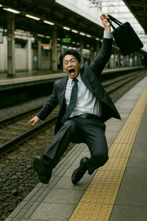 Excited asian businessman jumping in the train station. Business concept.の素材