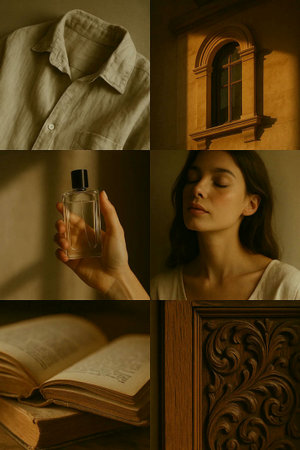 Collage of a young woman with a bottle of perfume and a bookの素材