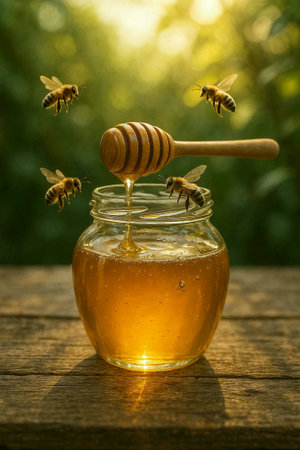 Honey in a glass jar with honey dipper and bees on a wooden tableの素材