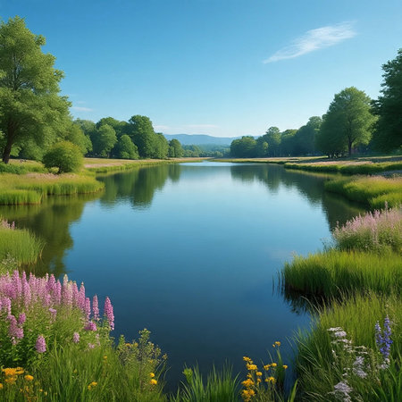 Beautiful summer landscape with lake and meadow in the countryside.の素材