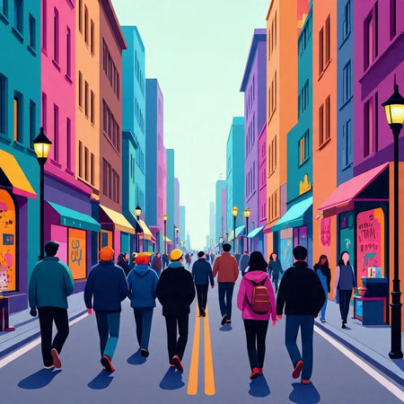 People walking on the street in the city. Urban scene. Vector illustration.の素材
