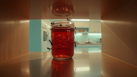 Glass jar of red juice on the table in the kitchen at homeの素材