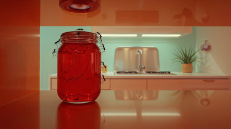 Glass jar with red liquid inside on the kitchen countertop in the kitchenの素材