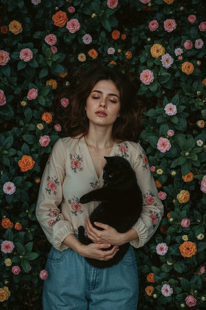 Portrait of a beautiful young woman with black cat in her arms.の素材