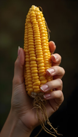 Female hand holding a corn on a dark background. Close-up.の素材