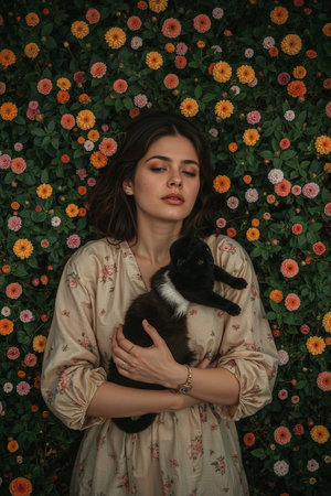 Beautiful young woman with black cat on a background of flowers.の素材