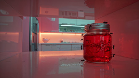 In the kitchen there is a glass jar with a red liquid inside.の素材