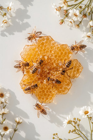 Honeycomb with bees and flowers on white background, top viewの素材