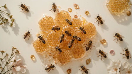 Honeycomb with bees on a white background. Top view.の素材