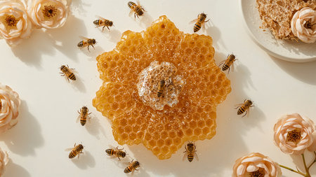 Honeycomb with bees and flowers on white background, top viewの素材
