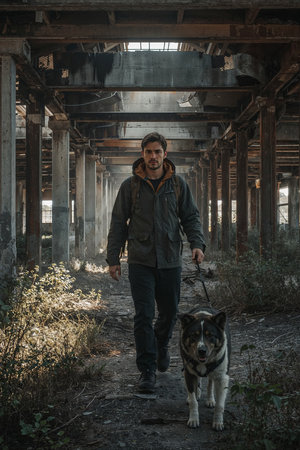 Man with a dog in an abandoned building. A man walks with a dog in an abandoned building.の素材