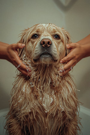 Cocker Spaniel dog taking a shower in the bathroom with female hands.の素材