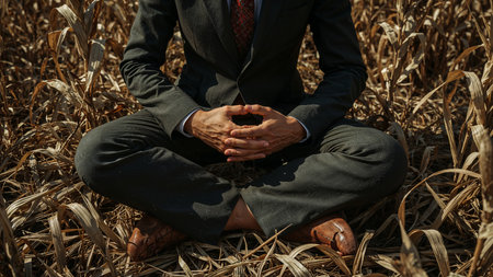 Businessman meditating in a corn field, close-up.の素材