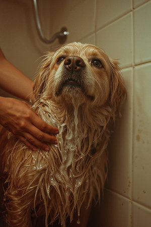 Cocker Spaniel dog taking a shower in a hotel bathroom.の素材