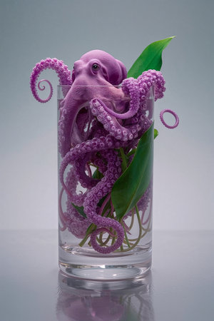 Octopus in a glass with green leaves on a gray background.の素材