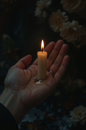 Candle in the hands of a girl with flowers on a dark backgroundの素材