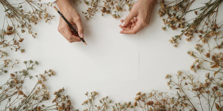 Top view of female hands writing on blank paper with dry flowers on white backgroundの素材