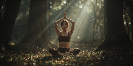 Beautiful young woman practicing yoga in the forest. Healthy lifestyle concept.の素材