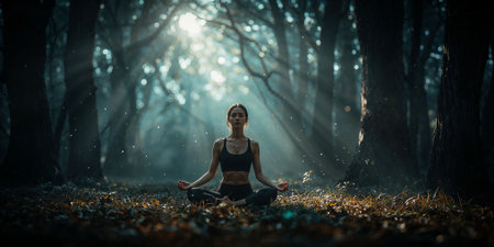Young woman practicing yoga in the forest at night. Concept of healthy lifestyle.の素材