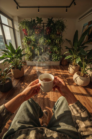 Female hands holding a cup of hot tea on the background of a window.の素材