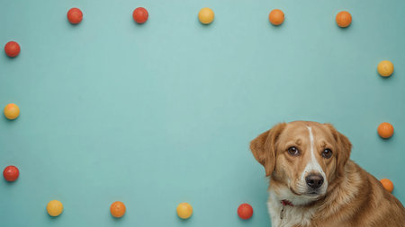 Golden Retriever dog with colorful easter eggs on blue backgroundの素材