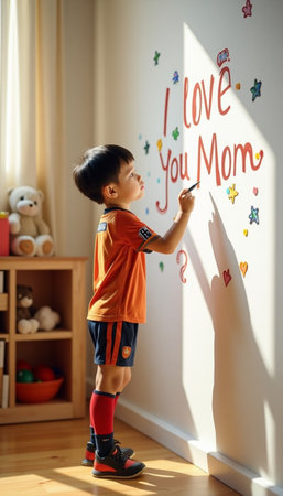 Cute little boy writing I love you mom on wall at homeの素材