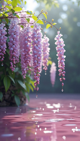 Wisteria flowers in the garden with water drops, vintage toneの素材