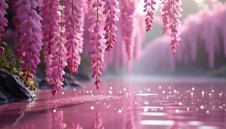 Pink wisteria flowers reflected in the water of a lake.の素材