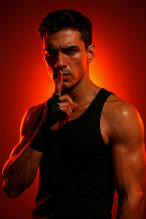 Portrait of a handsome young man in black sportswear showing silence gesture.の素材