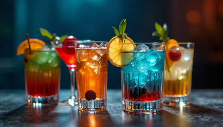 Colorful cocktails on the bar counter in bar. Alcoholic drinksの素材