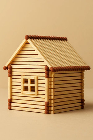 Wooden toy house on a beige background, close-upの素材