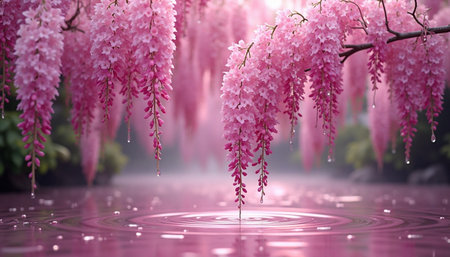 Pink wisteria flowers in garden with water ripples background.の素材