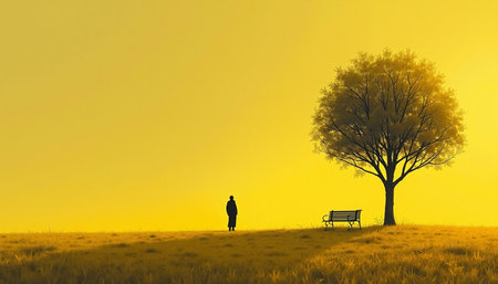 Man walking alone on a meadow with a tree in the backgroundの素材