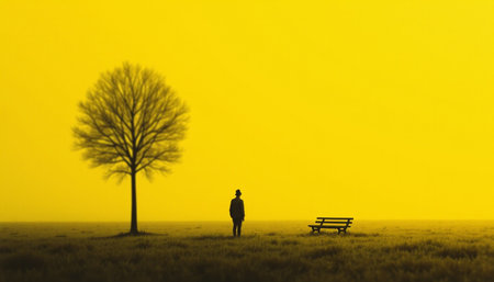 Silhouette of a lonely man standing on a bench and looking at a tree in the fog.の素材