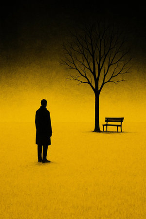 Silhouette of a lonely woman standing in a meadow with a benchの素材