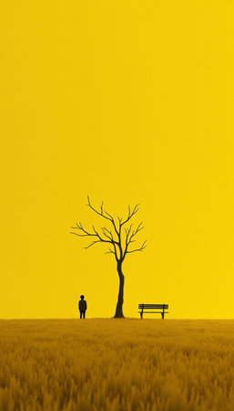 Silhouette of a lonely tree and a woman on a benchの素材