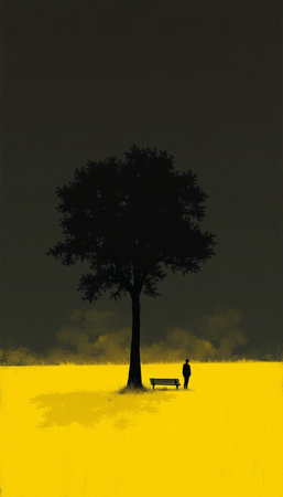 Silhouette of a man on a bench in the middle of a yellow fieldの素材